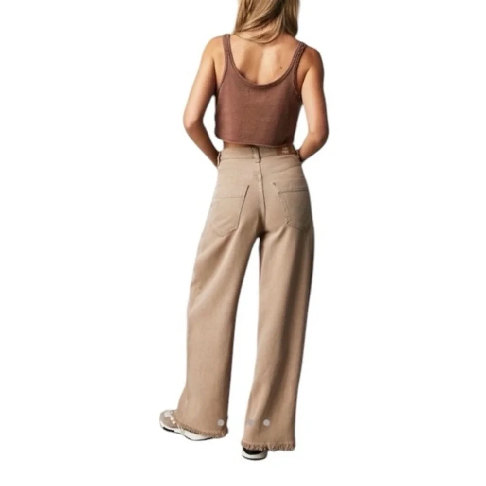 Free People We The Free Old West Slouchy Wide Leg Frayed Hem Jeans Tan Brown 26